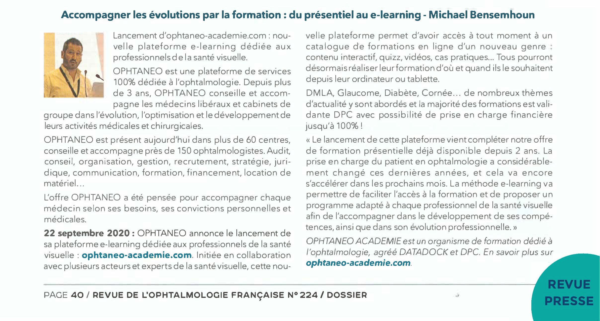 Parution presse OPHTANEO dans la ROF - Octobre 2020 - Edition n°224  : focus ophtaneo-academie.com